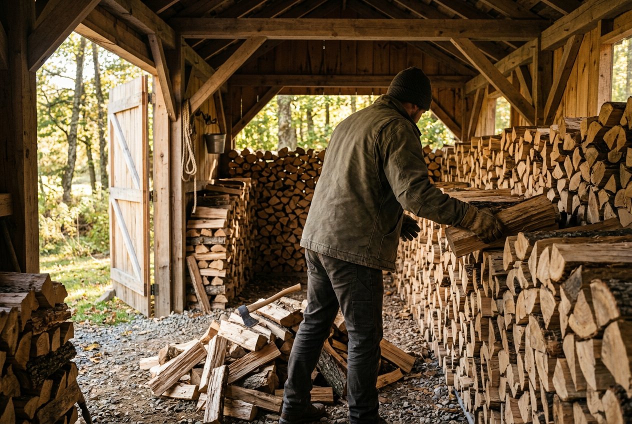 Укладка запаса в дровник в Артёме, берёза камерной сушки